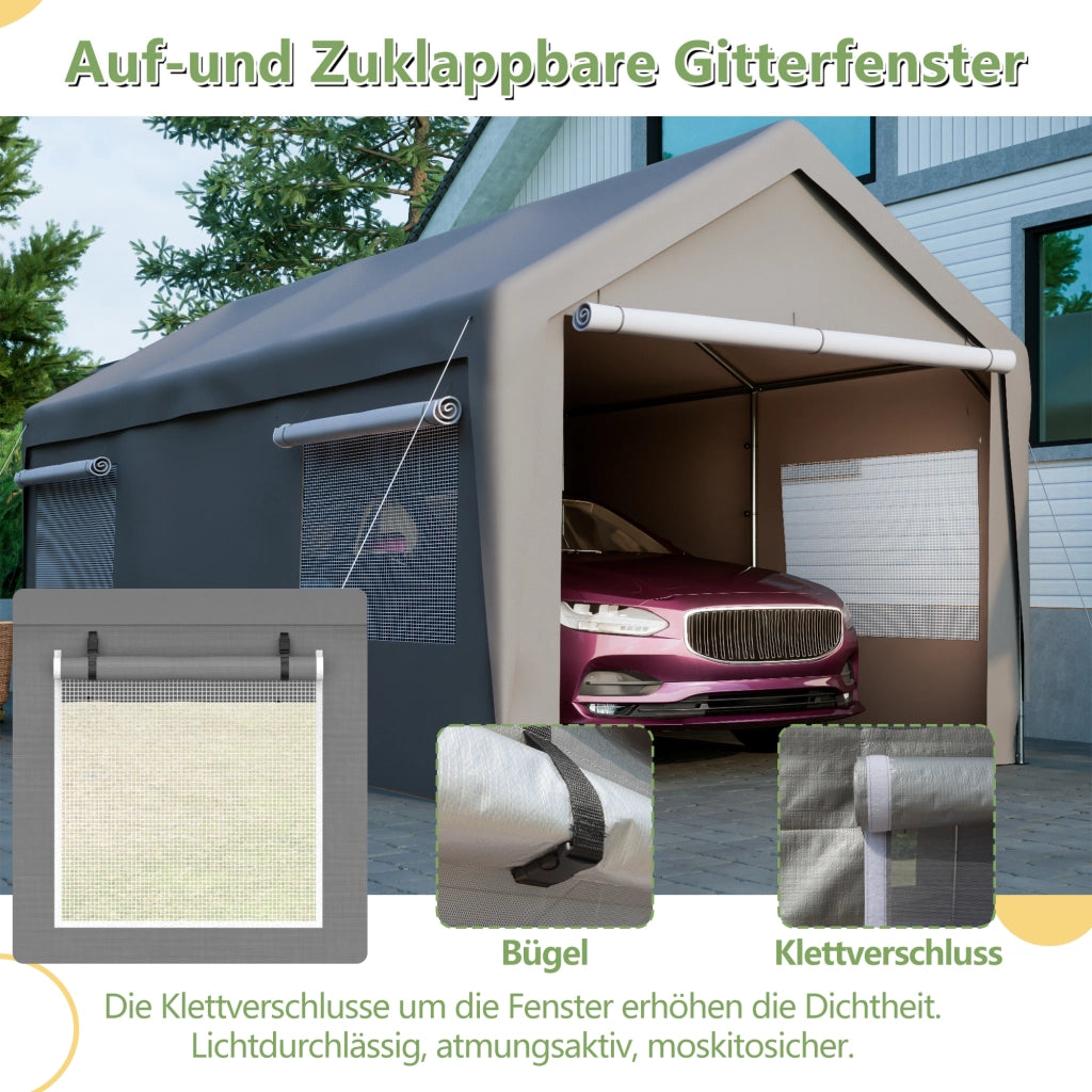 Tenda garage 3 × 6 m in metallo grigia con finestre avvolgibili pareti e tetto rimovibili per veicoli