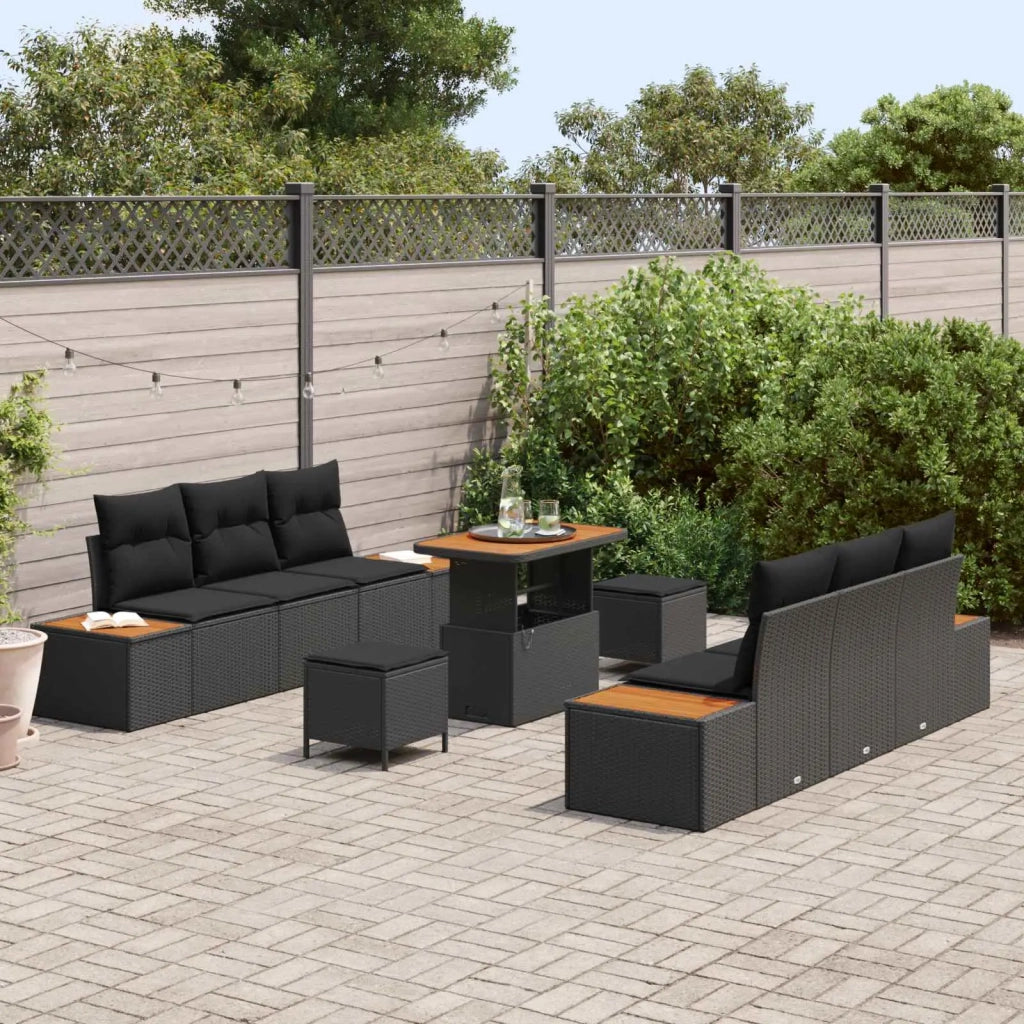 Set Divano da Giardino con cuscino 9 pcs Nero Poly Rattan