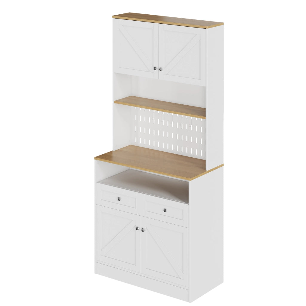 Sideboard bianco con 2 cassetti e 4 ante, design stile fienile, 80x40x175 cm