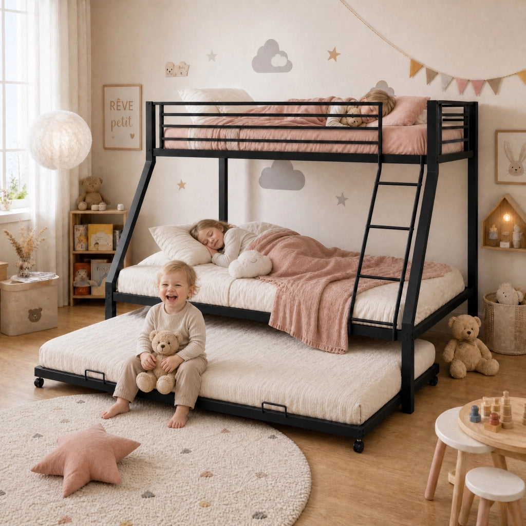 Letto a castello in metallo nero con letto estraibile per tre posti