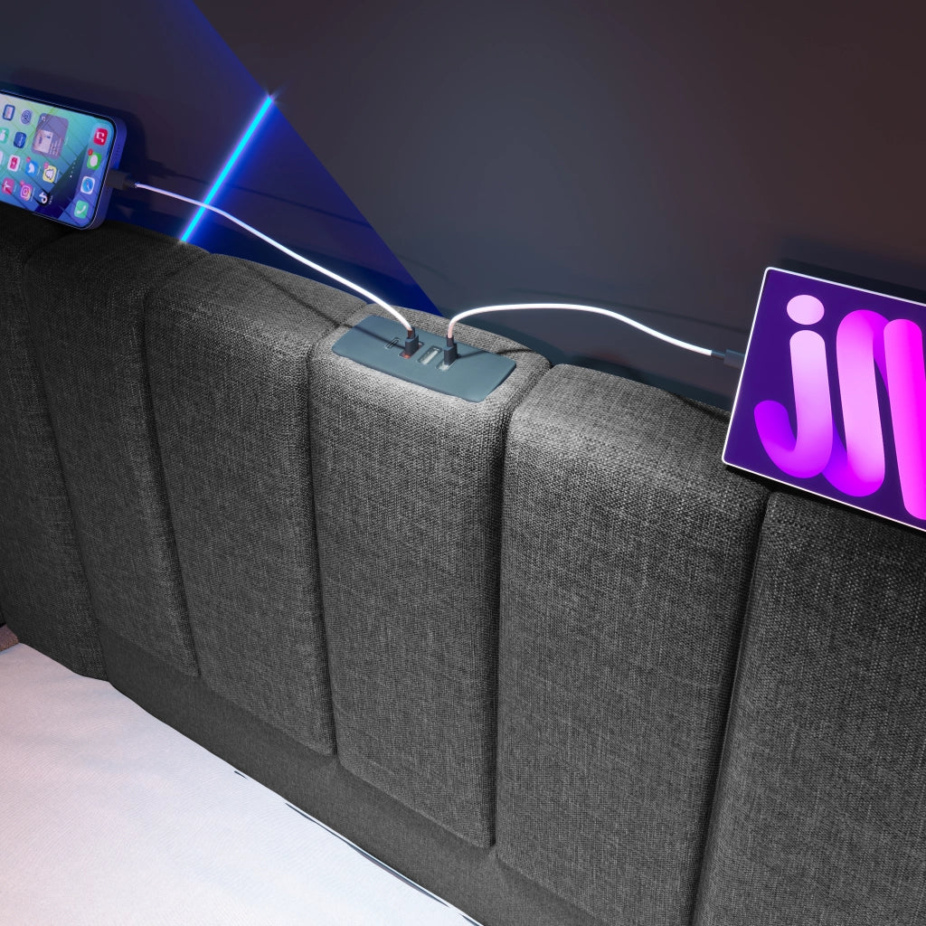 Letto matrimoniale imbottito in lino grigio 160x200 cm con contenitore e LED
