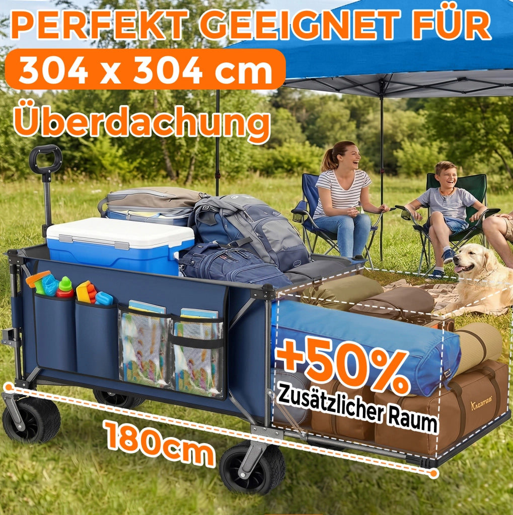 Carrello pieghevole blu con sponda estensibile e ruote da terreno