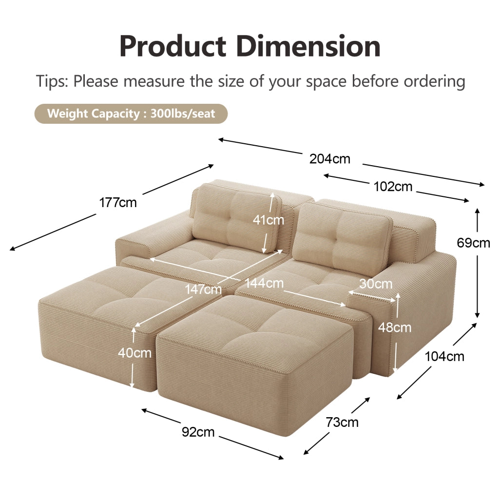 Divano Modulare a U con Ottoman ¨C MINIMAL ¨C Velluto a Coste, Beige, 2 Posti