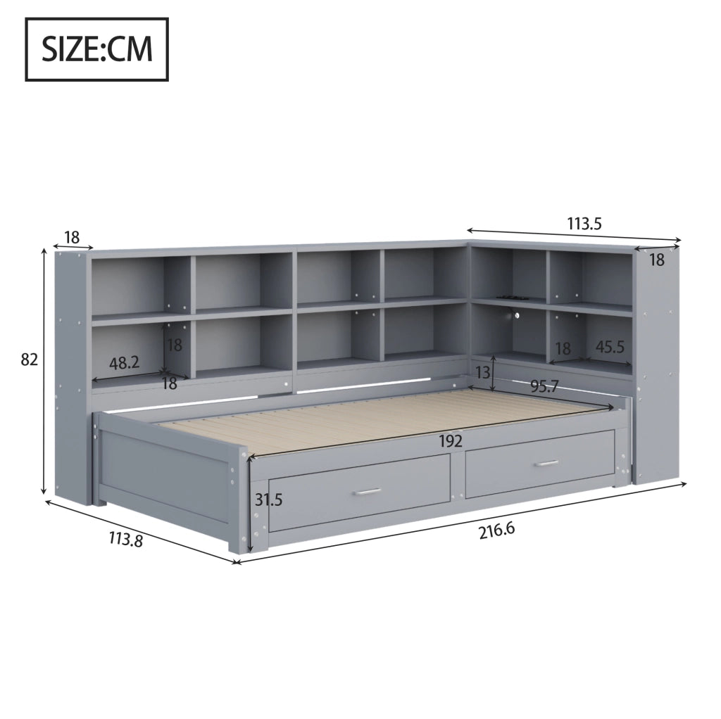 Letto estraibile in legno massiccio 90/180 x 190 cm con spazio contenitivo, presa elettrica multifunzione e cassetti, colore grigio