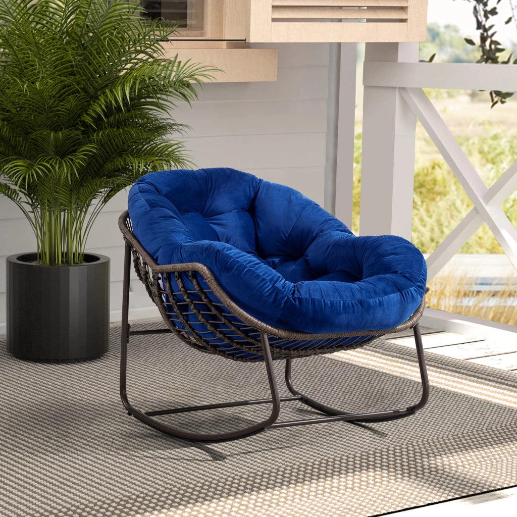 Sedia a dondolo da esterno in rattan, sedia reclinabile imbottita con cuscino per esterni, ideale per veranda, soggiorno, patio e giardino, blu navy.