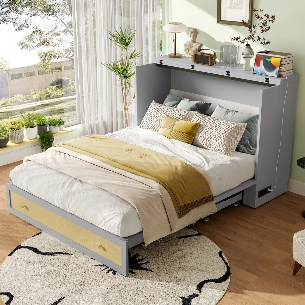 Letto a Scomparsa con Cassetti, Ripiano, USB ¨C MINIMAL ¨C Grigio 140x200