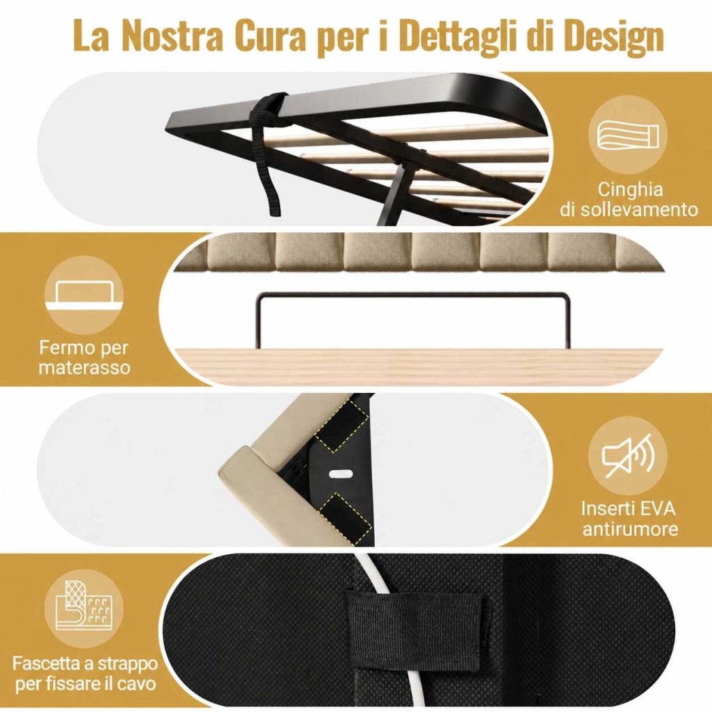Letto contenitore 160x200 cm beige con testiera apribile; LED e prese USB-C