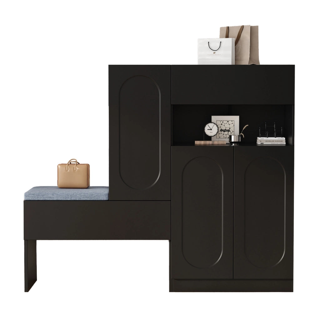 Scarpiera con panca 130x35x110 cm; ante con chiusura ammortizzata; pannello truciolare nero