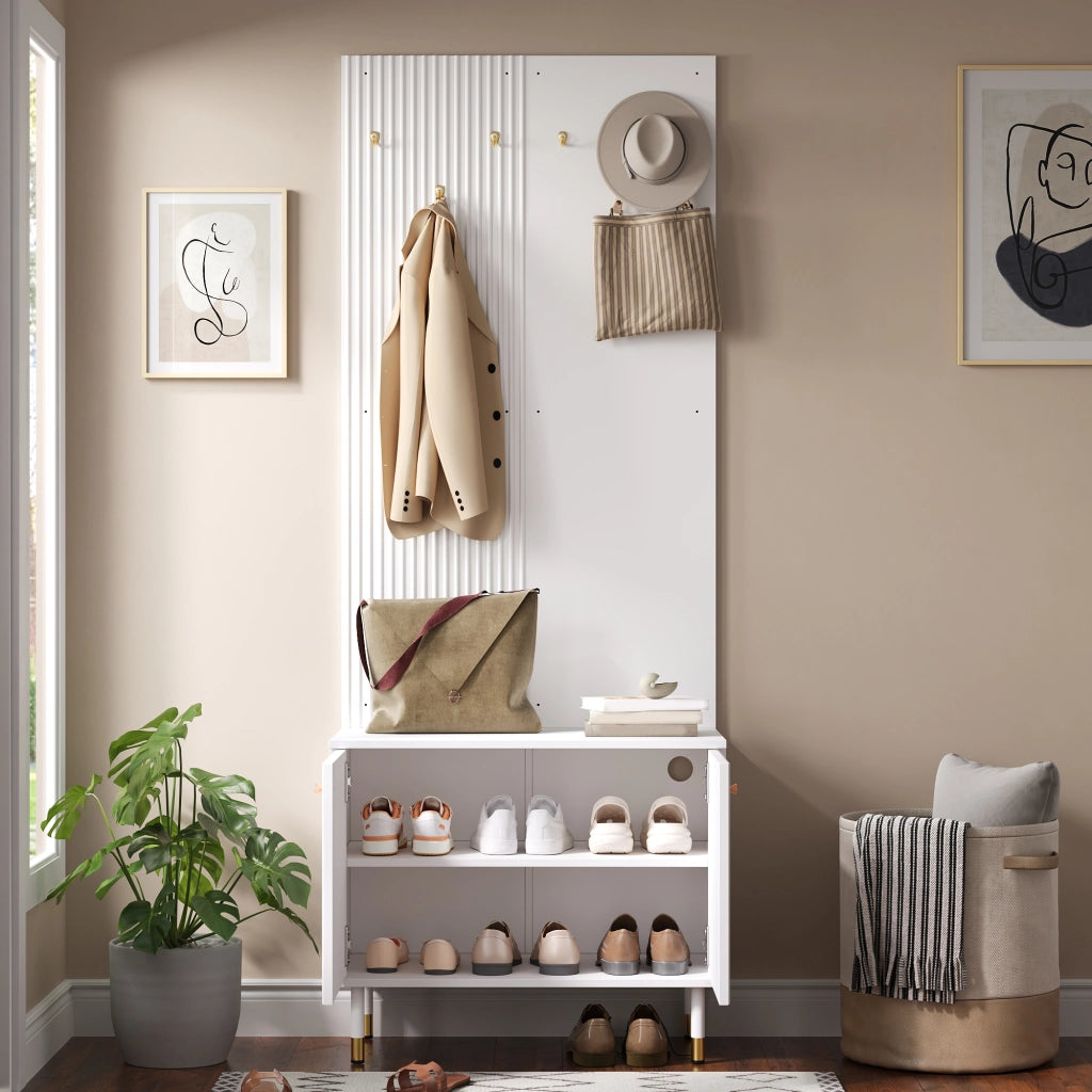 Mobile da ingresso 70x35x180 cm con 6 ganci e scarpiera in MDF e pannello truciolare bianco