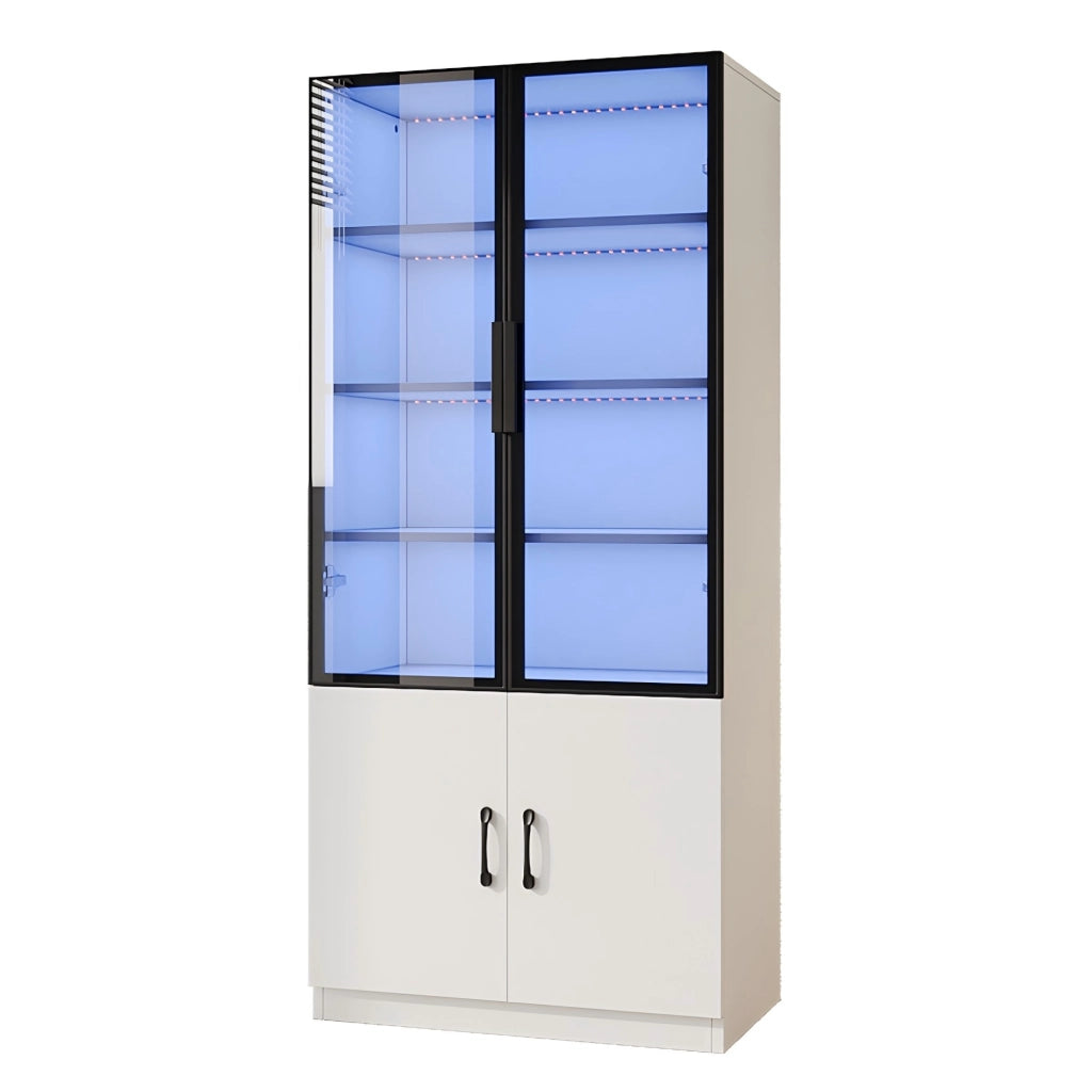 Vetrina LED multicolore con 2 ante e ripiani espositivi per soggiorno in vetro e truciolato bianco 120 × 40 × 160 cm