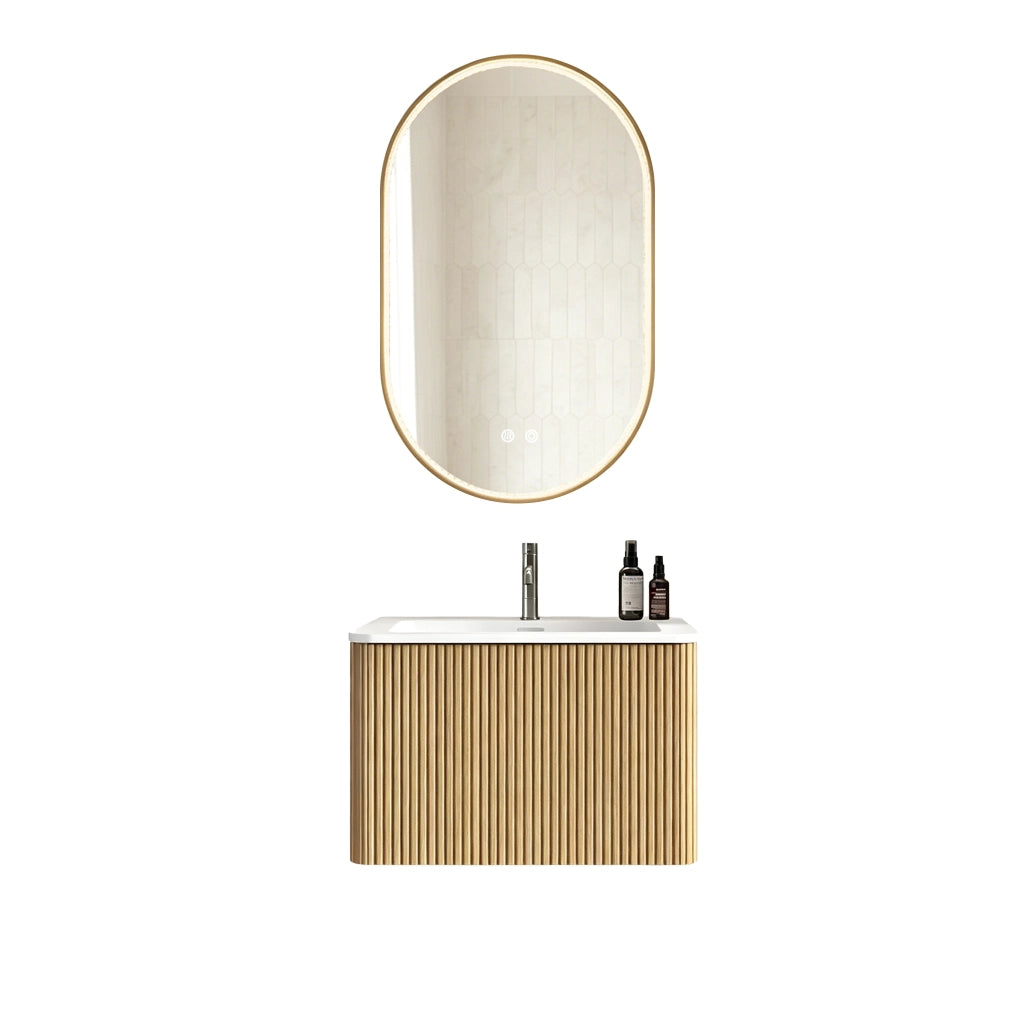 Set mobile bagno sospeso con lavabo integrato e specchio LED ovale