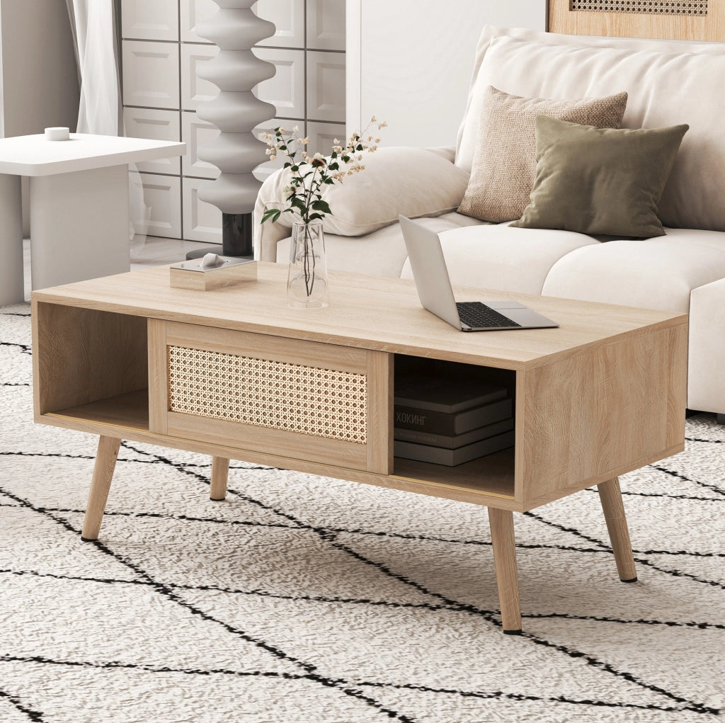 Tavolino 105x55x41,5 cm MDF finitura naturale anta scorrevole effetto rattan