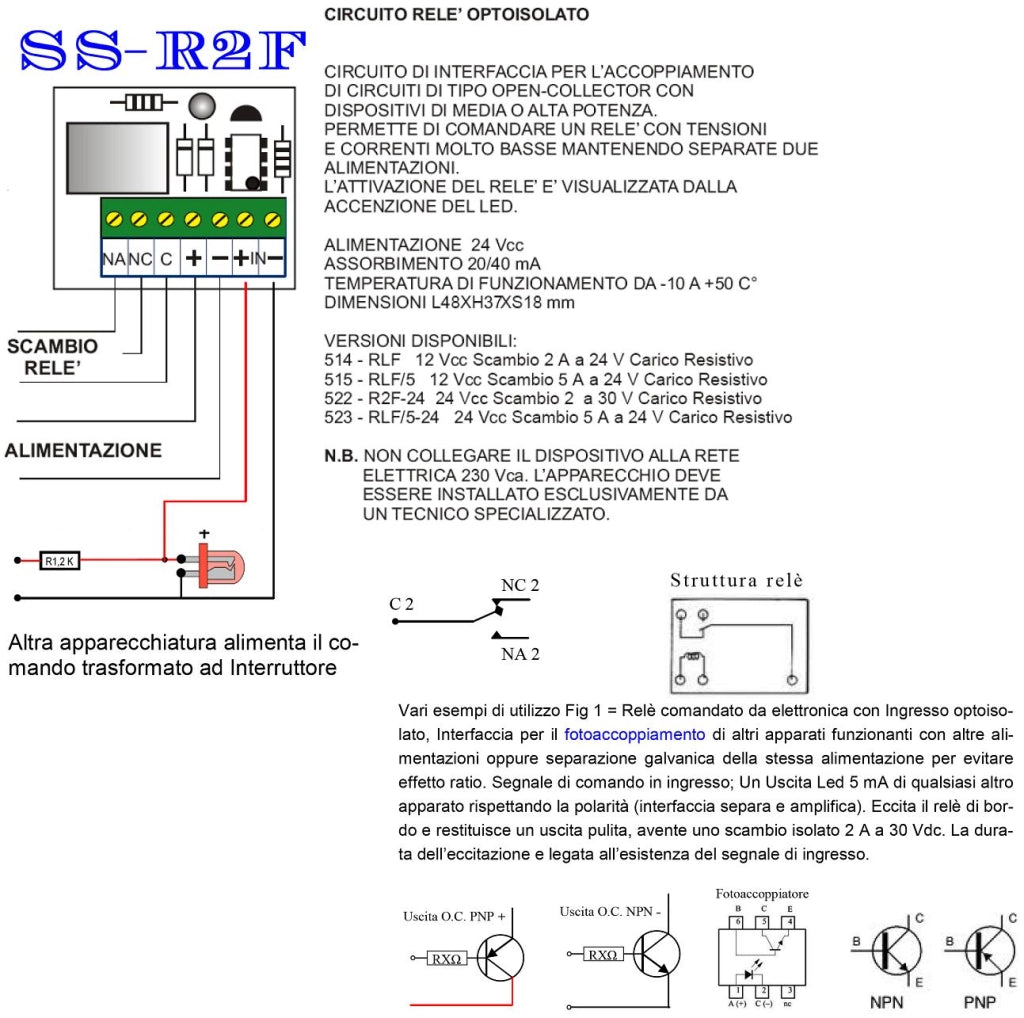 Fotoaccoppia Circuiti Con Uscita Led 5 mA Relè 24 VRestituisce Scambio 2 A a 30 V Carico Resistivo Led Segnala Attività Amplifica e Disaccoppia Evita Effetto Ratio Fornisce Uscita Contatto Libero