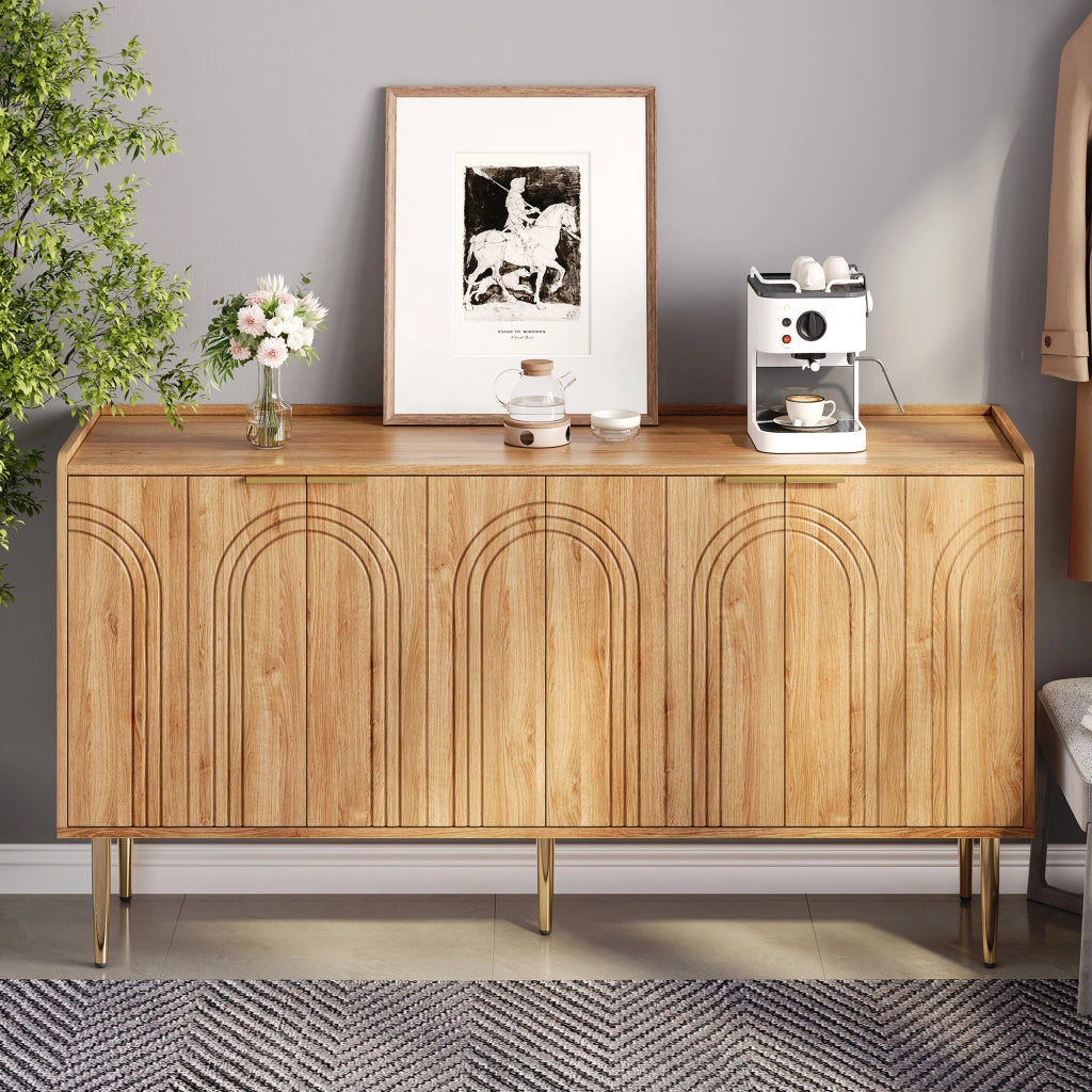 Madia a 4 ante con ripiani regolabili in MDF naturale e gambe in ferro dorato per soggiorno 140 × 38 × 75 cm