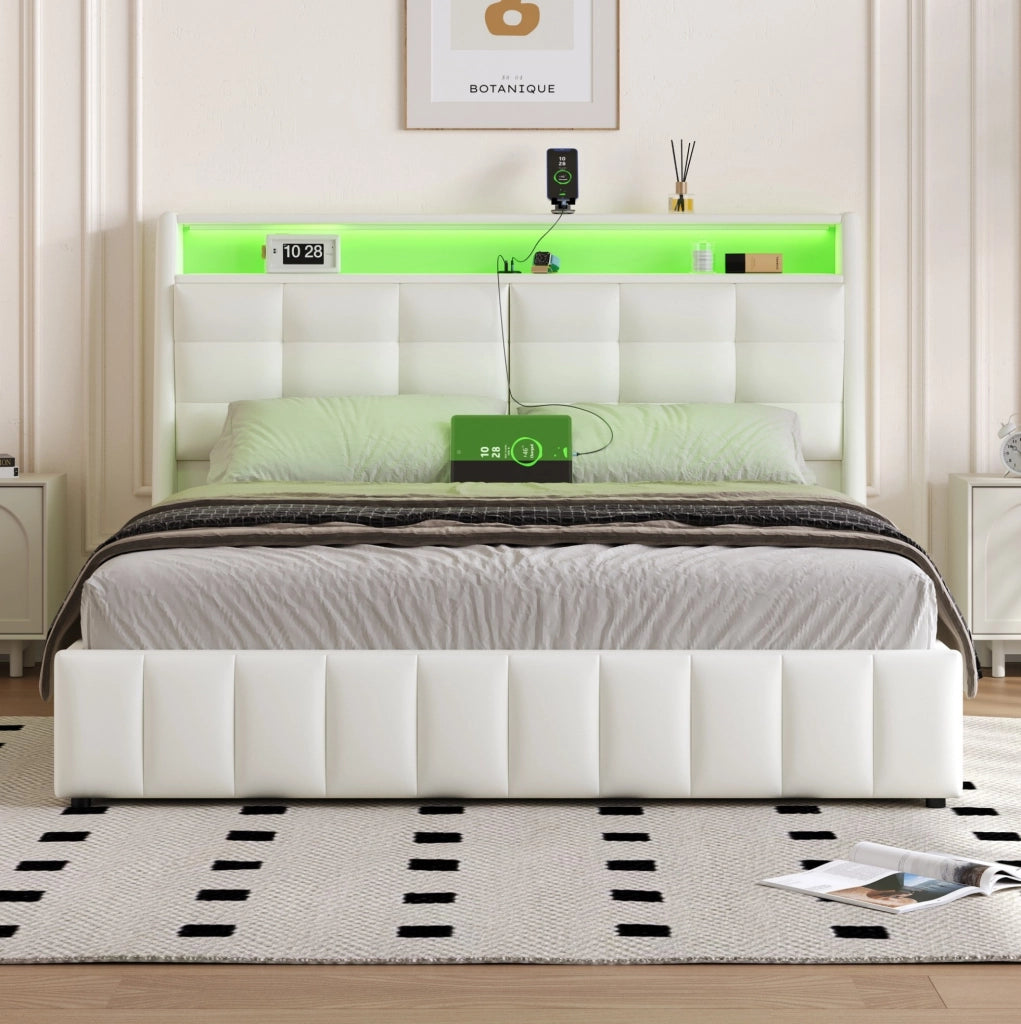 Letto contenitore 160x200 cm bianco con LED, USB e testiera regolabile