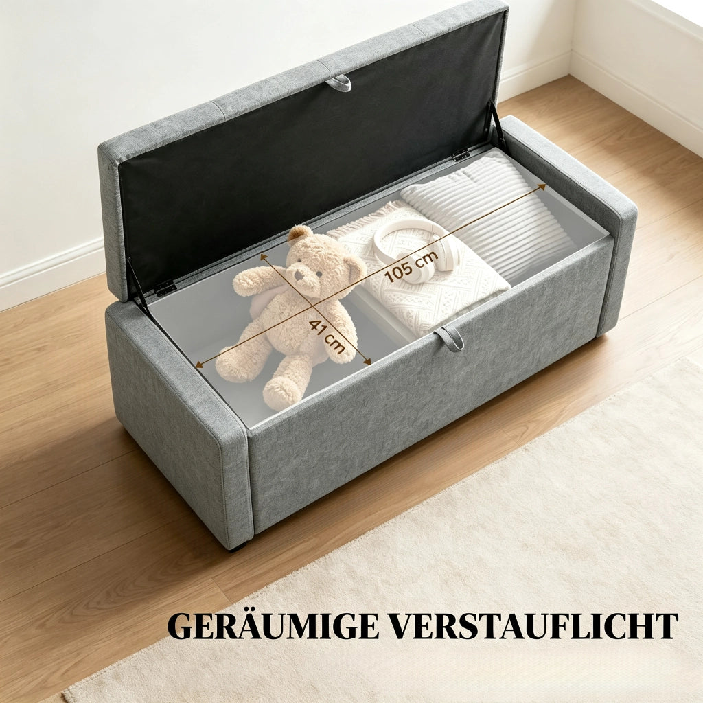 Panca contenitore imbottita con vano nascosto, in tessuto effetto lino grigio chiaro, 122 × 48 × 44 cm