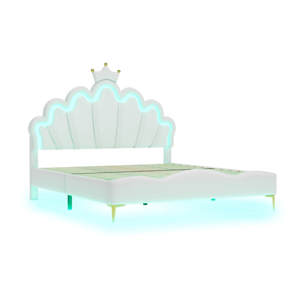 Crown Shape Princess Double Bed 140x200cm con strisce LED in PU bianca
