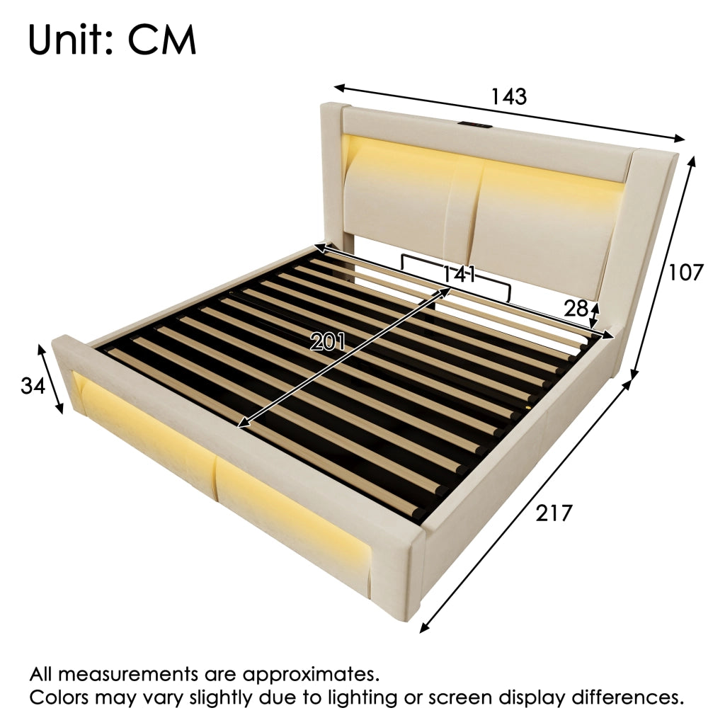 Letto matrimoniale contenitore 140 × 200 cm con LED e ricarica USB Type-C in velluto beige