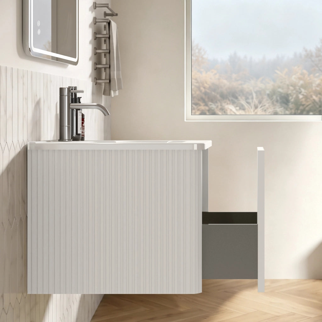 Mobile bagno sospeso con lavabo integrato e specchio LED regolabile antiappannamento bianco