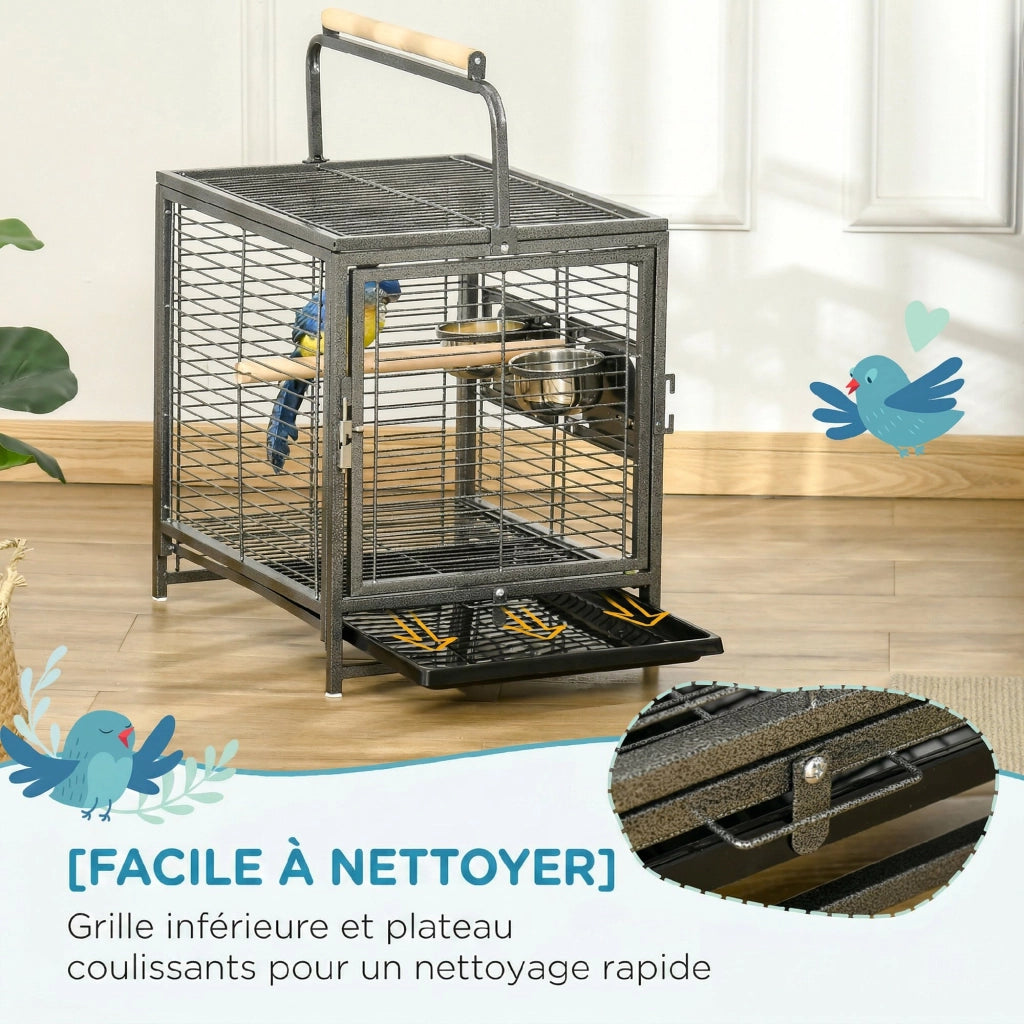 Gabbia da trasporto per pappagalli ¨C Xylo ¨C acciaio con 2 ciotole inox, 2 posatoi, vassoio, nero