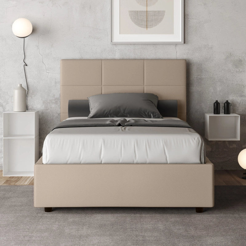 Letto imbottito Piazza e mezzo 130x210 cm Mika - Similpelle,Tortora,Con rete