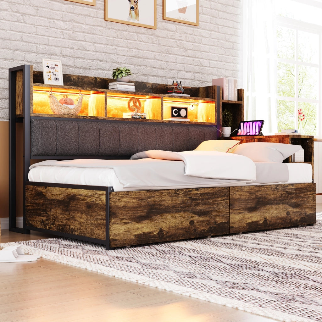 Letto Contenitore con Cassetti, LED e Scrivania ¨C MINIMAL ¨C Metallo 90x200