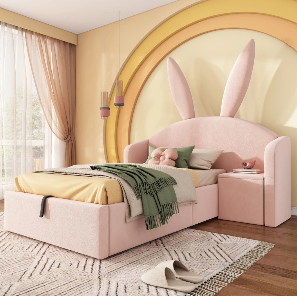 Letto imbottito per bambini 90x200 cm in velluto rosa con comodino contenitore e rete a doghe