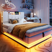 Letto imbottito per bambini 90x200 cm con LED, USB e contenitore idraulico, beige