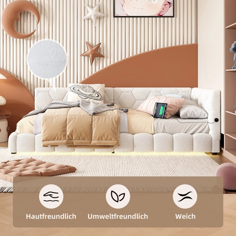 Letto daybett con rete a doghe e LED ¨C Minimal ¨C Bianco similpelle 90x200cm con USB Type-C