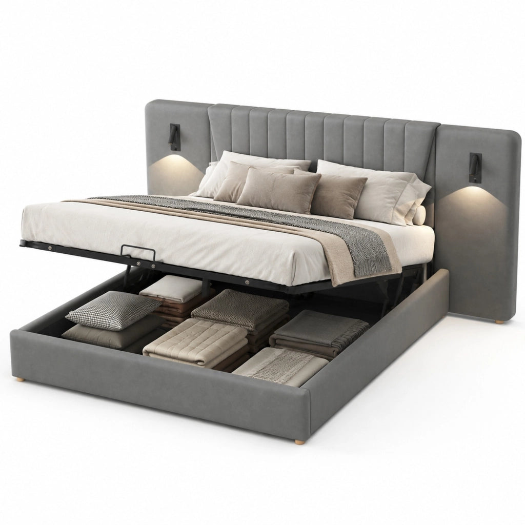 Letto matrimoniale imbottito 180x200 cm con schienale extra lungo, lampada da lettura orientabile e porta USB, spazio contenitore idraulico, tessuto in velluto grigio
