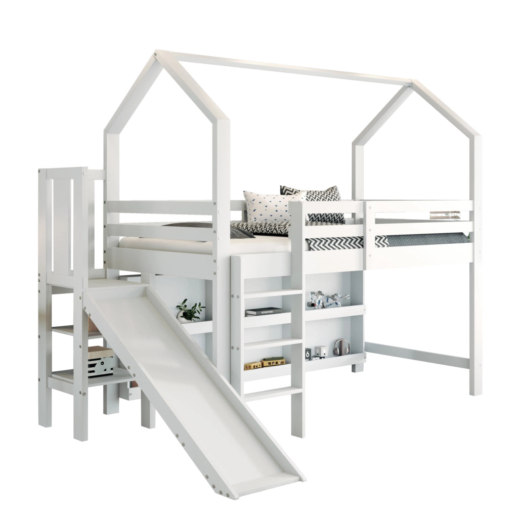 Letto singolo multifunzionale 90x200 cm con scivolo, vani e ripiani