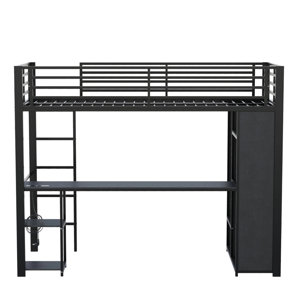 Letto a soppalco 90x200 cm con scrivania, LED, metallo e MDF nero