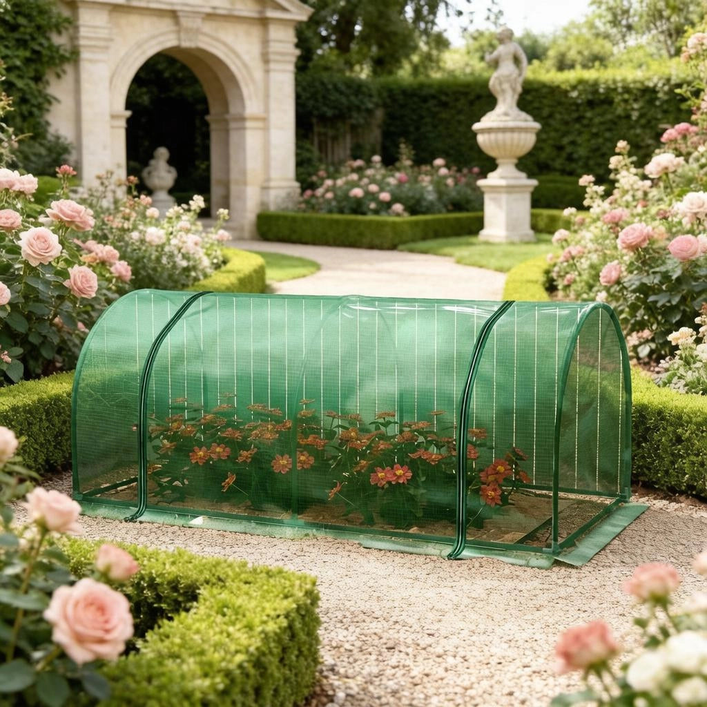 Desviae Serra da giardino per piante con telaio in acciaio e copertura in PE 2 × 1 × 0,80 m con porta avvolgibile