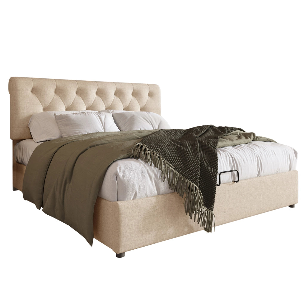 Letto matrimoniale idraulico 160x200 cm con testiera regolabile, struttura in metallo e legno, contenitore integrato, colore naturale, con materasso a molle