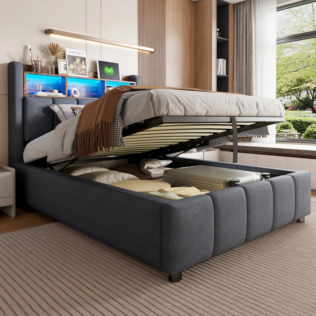 Letto singolo imbottito 90x200 cm grigio con LED e USB