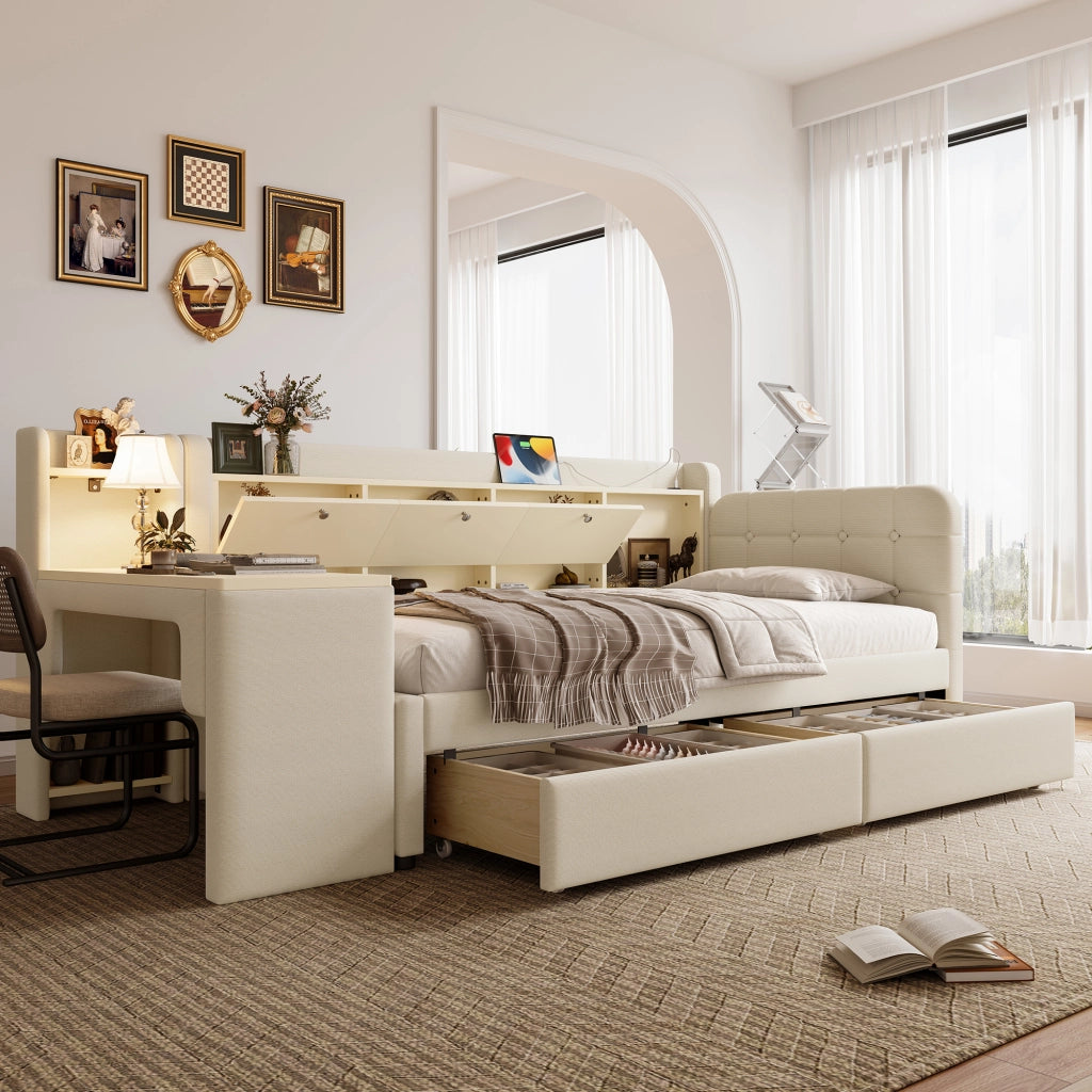 Letto singolo 90 × 200 cm con scrivania cassetti USB e Type-C in tessuto di canapa e MDF beige