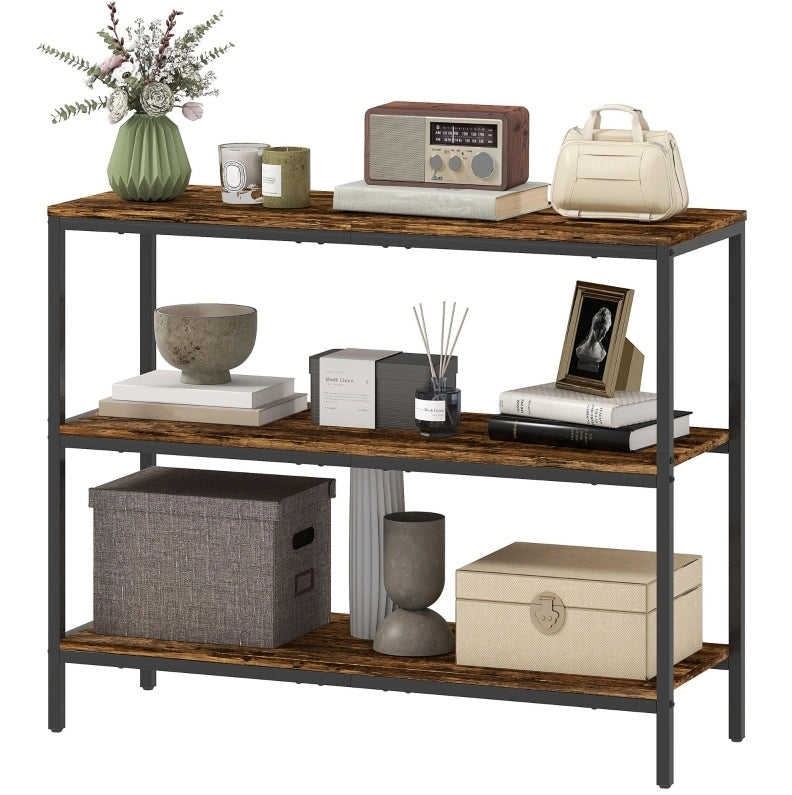 Tavolo consolle industriale 3 ripiani marrone rustico 101×35×80 cm