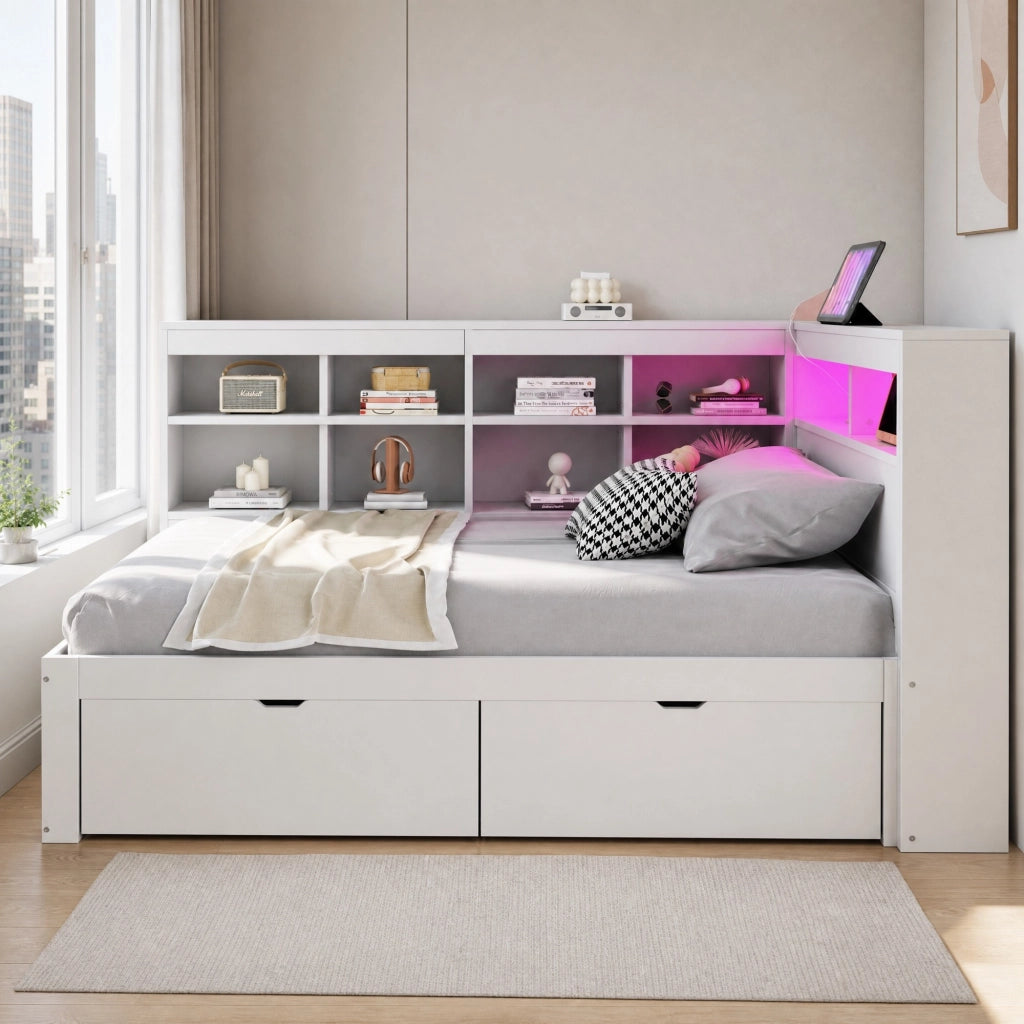 Letto multifunzione in legno 90x200 cm con contenitori, cassetti, USB e LED