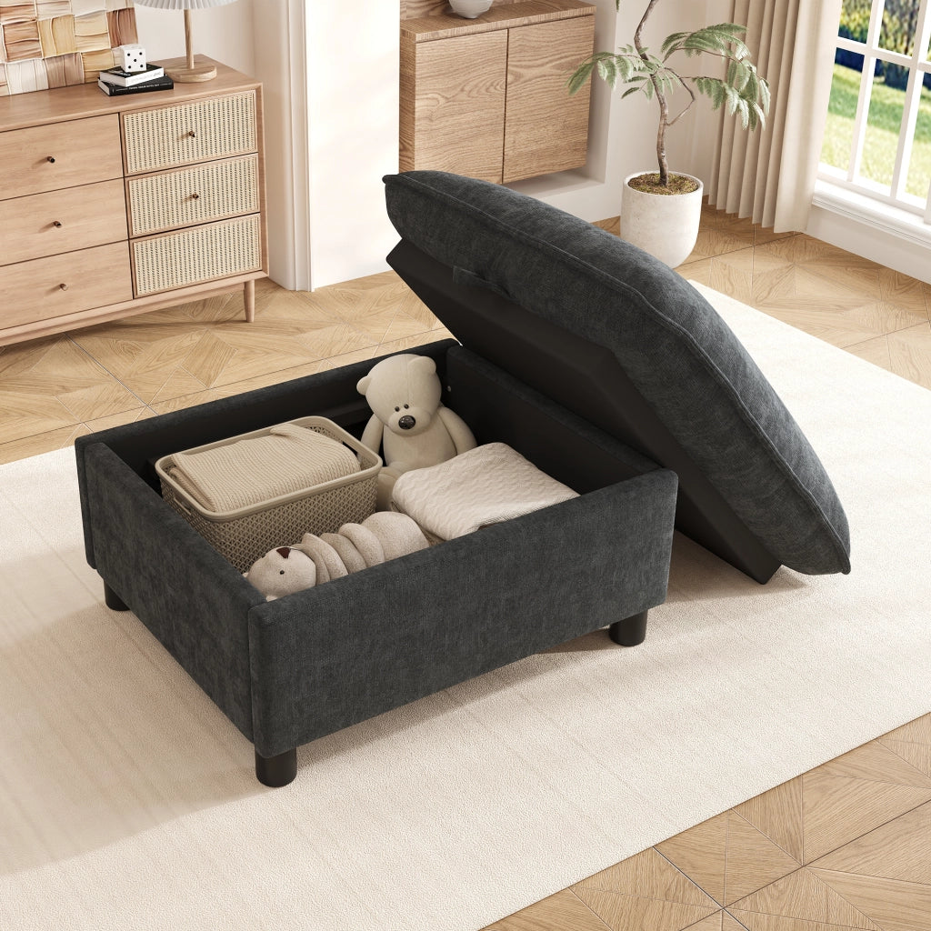Pouf contenitore imbottito in ciniglia grigio 98x65x48 cm con gambe da 8 cm