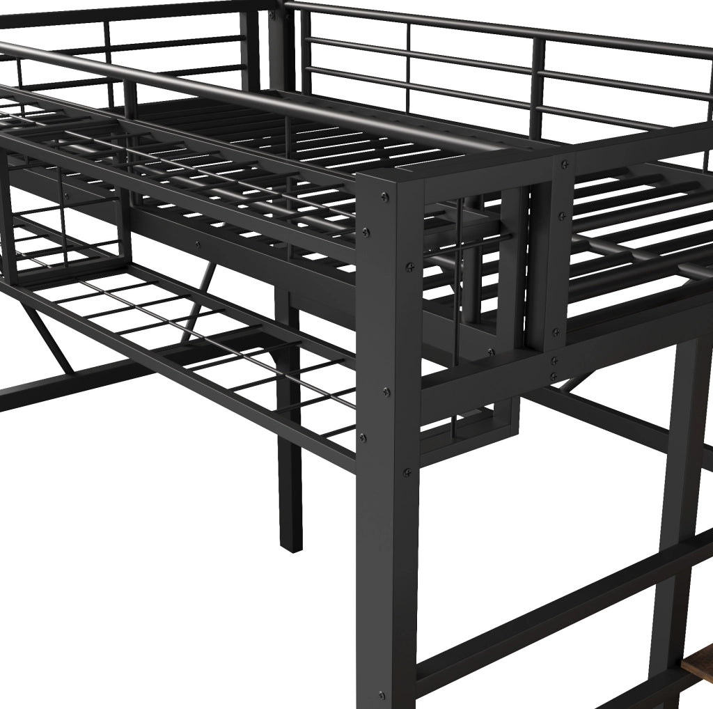 Letto a soppalco 90x200 cm con scala a ripiani, LED e struttura in metallo nero