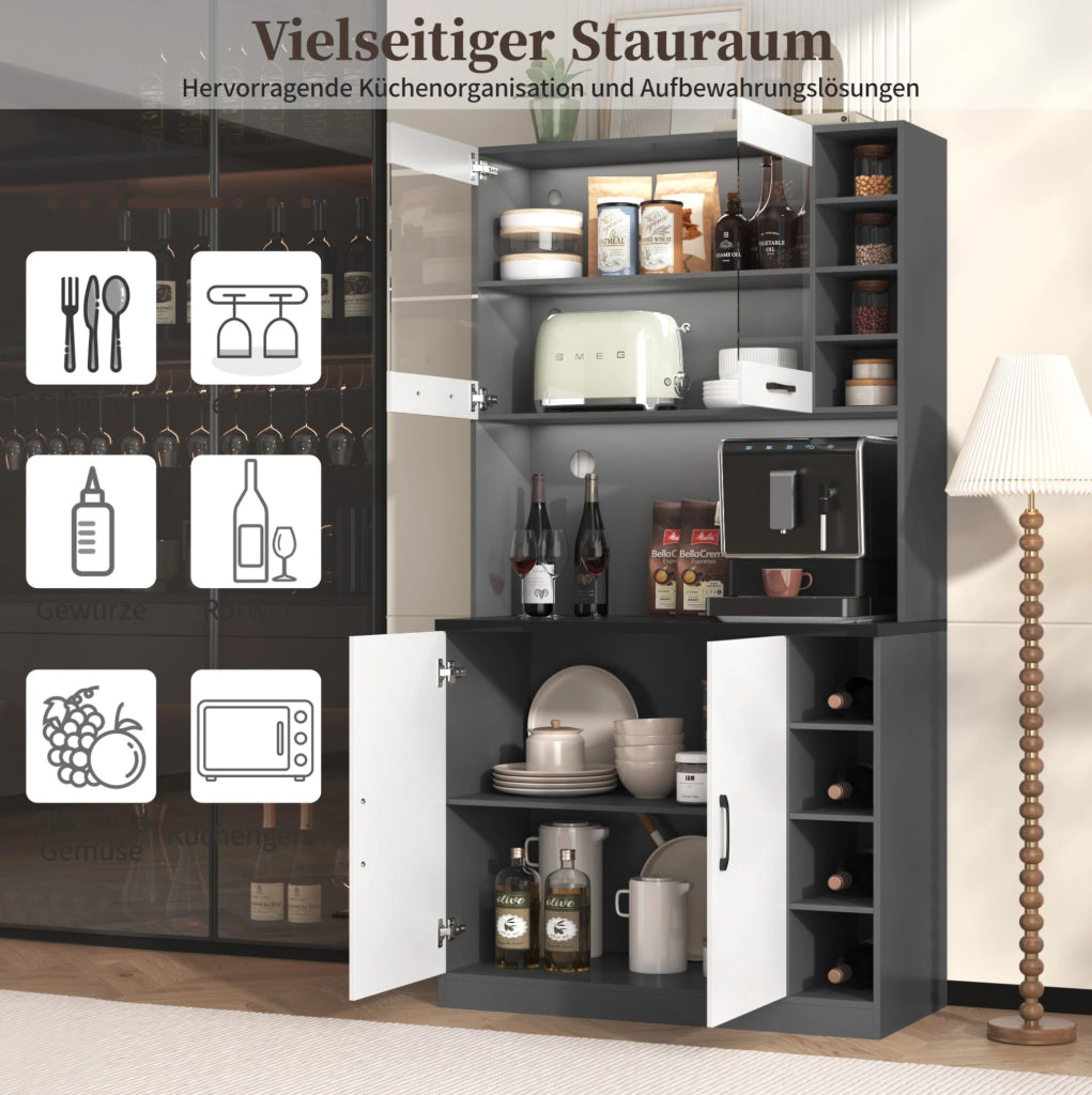 Credenza da cucina con LED, vano microonde e ripiani regolabili