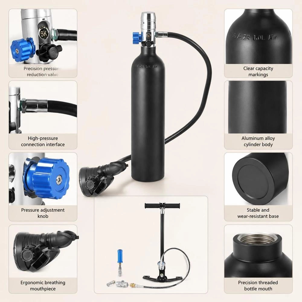 Diving Cylinder, Diving Tank, Oxygen Cylinder For Diving, Supports 5-10 Minutes Of Underwater Breathing, 30 M Diving Depth, Refillable Snorkel Air Tank With Pump For Underwater Exploration