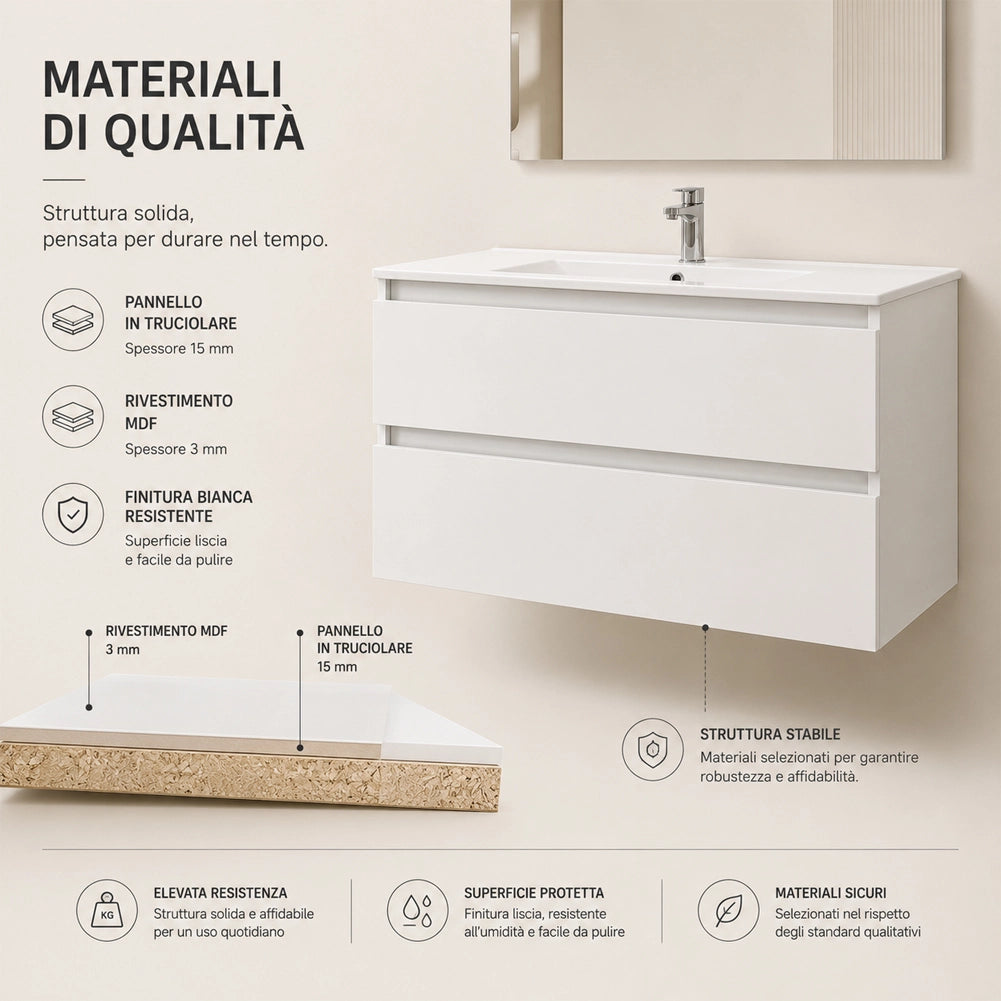 Mobile da Bagno Sospeso con Specchio e 2 Cassetti Otranto Larghezza 90cm Bianco