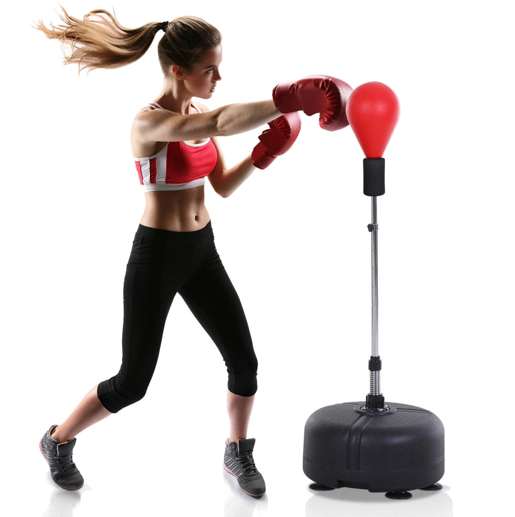 Punching ball con base ULEVR regolabile 136-154 cm, base con ventose zavorrabile, nero