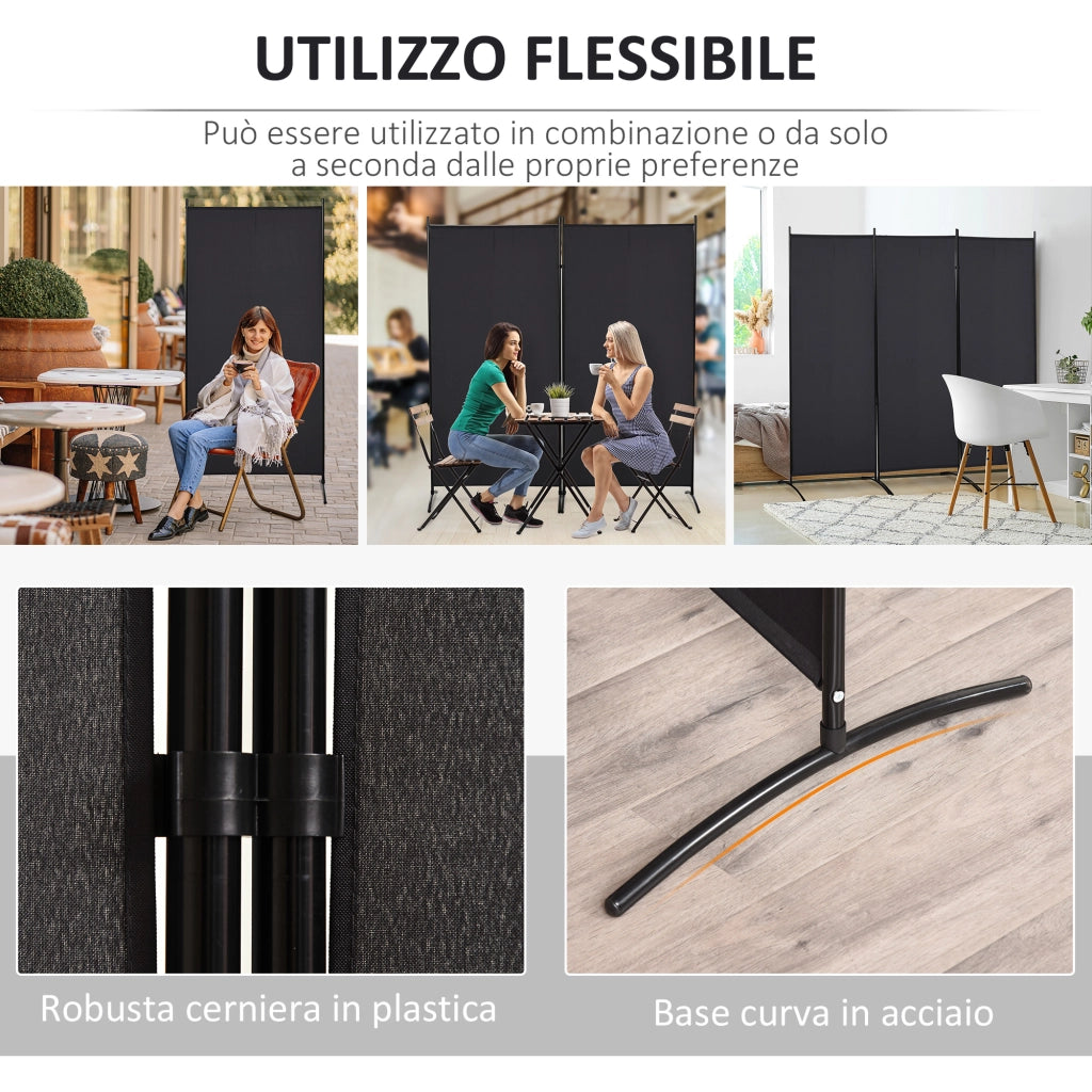 Paravento Separ¨¦ 3 Pannelli ¨C Xylo ¨C Metallo Nero 253x50x182 cm