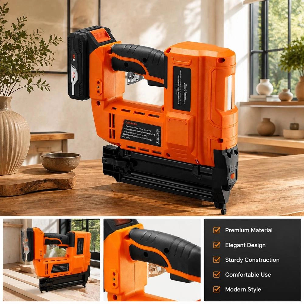 2-in-1 Cordless Nailer, 18 Gauge, 20V, With 500 Nails & 500 Staples & 2.0 Ah Lithium Battery & Charger, For DIY Woodworking, Orange