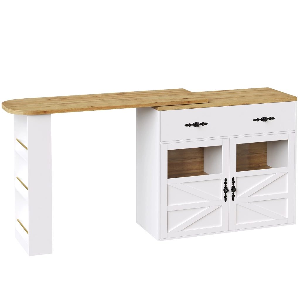 Tavolo bar allungabile girevole 360° con spazio contenitivo, 138-204 x 39 x 104 cm, bianco