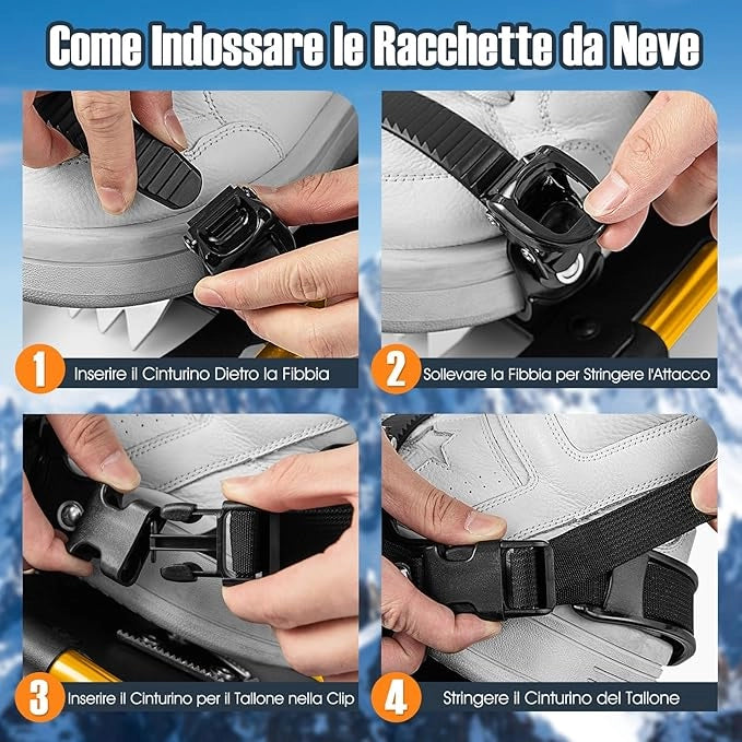 Set 4 in 1 Ciaspole da Neve 53/63/78 cm per Uomini, Donne e Ragazzi con Sistema di Fissaggio, Telaio in Alluminio, Bastoncini da Trekking, Ghette Gambe Impermeabile e Borsa