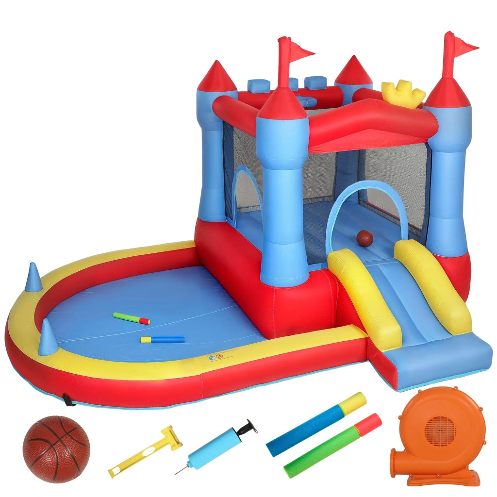 Castello gonfiabile area giochi per giardino 342 x 255 x 209 cm con scivolo e tappeto elastico design decorativo in poliestere blu 21_0000409