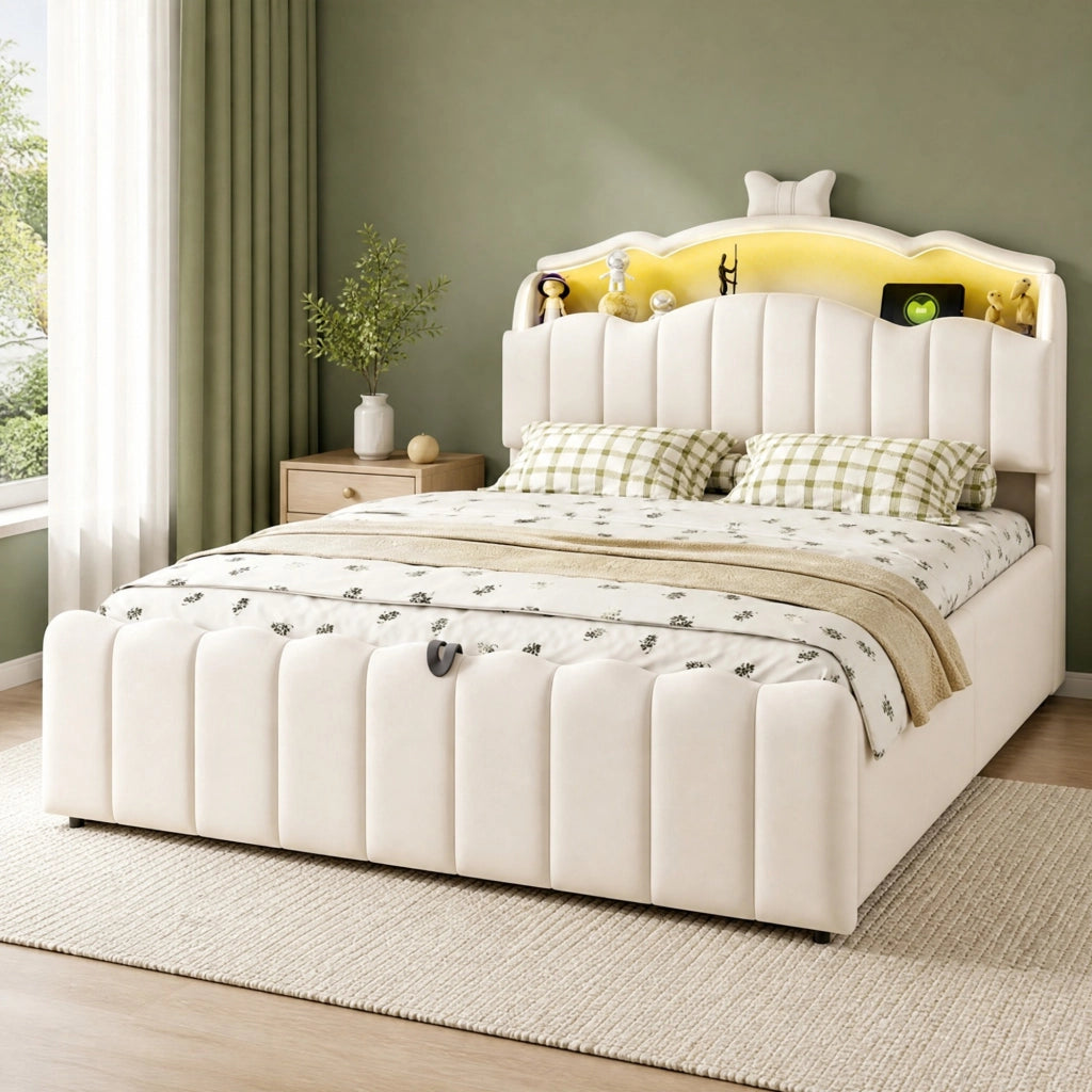 Letto multifunzione per bambini 140 x 200 cm beige con contenitore e LED